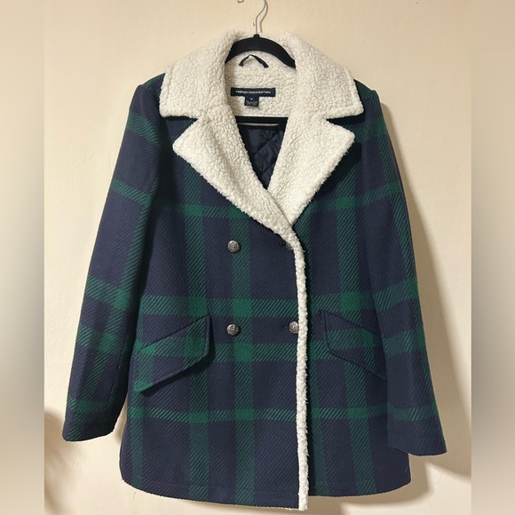 French Connection Jackets & Blazers - French Connection Navy and Green Plaid Pea Coat with Shearling Collar